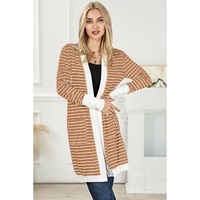 Brown Striped Side Pockets Open Front Cardigan - M thumbnail