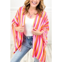 Rose Stripe Wide Sleeve Open Front Kimono - One Size thumbnail