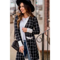 Black Plaid Colorblock Edge Open Cardigan with Pocket - M thumbnail