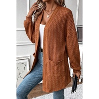 Chestnut Textured Knit Side Pockets Open Front Cardigan - L thumbnail