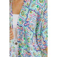 White Boho Floral Printed Rhinestone 3/4 Sleeve Open Front Kimono - XL thumbnail