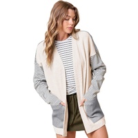 Black Stripe Colorblock Patchwork Open Front Cardigan with Pocket - S thumbnail
