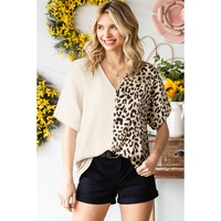 Khaki Contrast Leopard Color Block Blouse - M thumbnail
