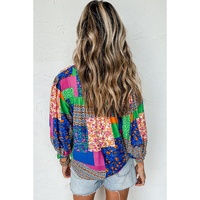Azura Exchange Floral Patchwork Print Puff Sleeve Shirt - M thumbnail