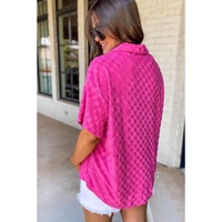 Bright Pink Lapel Neck Checkered Textured Short Sleeve Shirt - M thumbnail