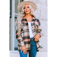 Azura Exchange Khaki Geometric Plaid Print Pocketed Shacket - L thumbnail