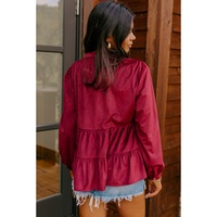 Burgundy Corduroy Ruffle Tiered Buttoned O Neck Shirt - XL thumbnail