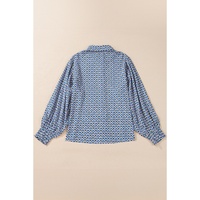 Sky Blue Abstract Print Shirred Cuff Buttoned Oversized Shirt - S thumbnail