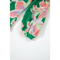 Green Floral Print Button up Pleated Puff Sleeve Loose Shirt - L thumbnail