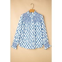 Sky Blue Boho Floral Printed Lantern Sleeve Frilled Neck Shirred Shirt - M thumbnail