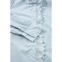 Sky Blue Stripe Frilled Trim Button Up Long Sleeve Shirt - M thumbnail