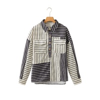 Black Stripe 2-tone Patchwork Half Buttons Chest Pockets Casual Blouse - S thumbnail