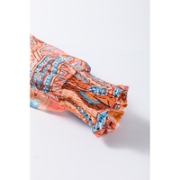 Orange Floral Print Shirred Cuff Buttoned Loose Shirt - L thumbnail