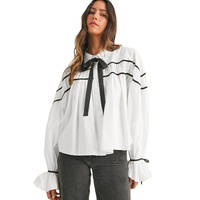 White Black Pipping Ribbon Bowtie Collared Ruffled Puff Sleeve Shirt - XL thumbnail
