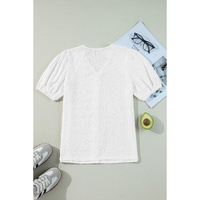 White Lace Puff Sleeve V Neck Button Up Shirt - M thumbnail