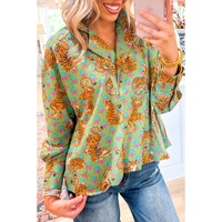 Green Tiger Floral Printed Collared V Neck Casual Shirt - XL thumbnail