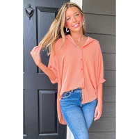 Grapefruit Orange Corded Half Sleeve Button Up High Low Hem Loose Shirt - S thumbnail