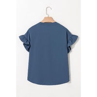 Real Teal Solid Color Ruffle Ruched Short Sleeve Buttoned Shirt - M thumbnail