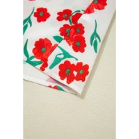 Red Floral Print Ruffled Puff Sleeve Elegant Summer Shirt - S thumbnail