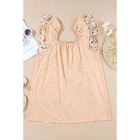 Apricot Pink Floral Patchwork Square Neck Ruffle Sleeve Blouse - M thumbnail