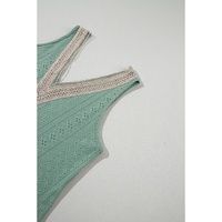 Mist Green Lace Crochet Splicing V Neck Loose Fit Tank Top - L thumbnail