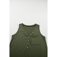 Jungle Green Half Button V Neck Patched Pocket Tank Top - L thumbnail