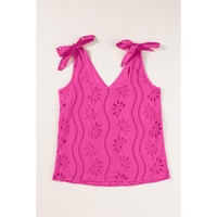 Rose Red Embroidery Patterned Knotted Straps V Neck Tank Top - L thumbnail