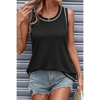 Black Contrast Stitch Round Neck Sleeveless Top - M thumbnail