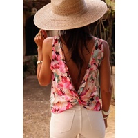 Pink Floral Round Neck Twisted Cut Out Back Tank Top - L thumbnail
