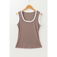 Smoke Gray Ribbed Knit Colorblock Edge U Neck Slim Fit Tank Top - L thumbnail