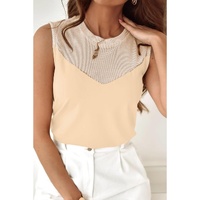 Oatmeal Solid Mesh Patchwork Crew Neck Tank Top - L thumbnail