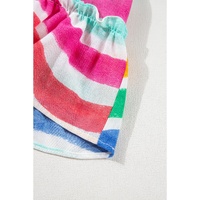 Rose Red Rainbow Stripes Ruffled Hem Drawstring V Neck Tank Top - L thumbnail