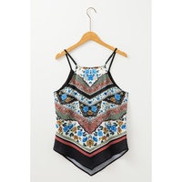 Red Mixed Floral Chevron Pattern Dip Hem Spaghetti Straps Tank - M thumbnail