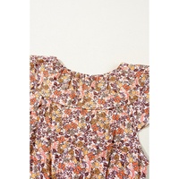 Red Floral Print Knot V Neck Ruffled Sleeve Blouse - XL thumbnail