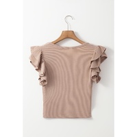 Smoke Gray Ribbed Knit Ruffled Shoulder Slim Fit Tank Top - XL thumbnail