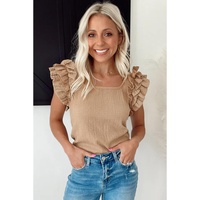Smoke Gray Ruffled Tiered Sleeve Square Neck Textured Top - L thumbnail
