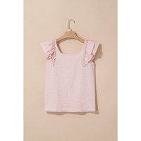 Gossamer Pink Textured Bow Knot Frilled Butterfly Sleeve Blouse - L thumbnail