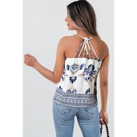 Blue Bohemian Fashion Print Spaghetti Straps Loose Tank - L thumbnail