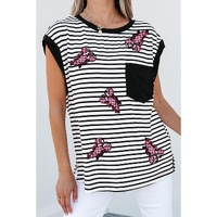 Black Stripe Sequined Lobster Patched Pocket Casual Tank Top - L thumbnail
