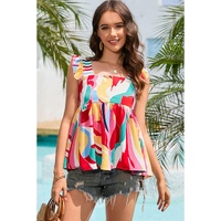Multicolor Square Neck Abstract Print Tank Top - S thumbnail