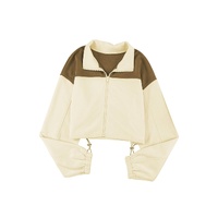 Beige Color Block Drawstring Cropped Athleisure Jacket - M thumbnail