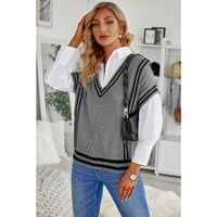 Azura Exchange Gray V Neck Contrast Stripes Trims Short Sleeve Sweater - M thumbnail