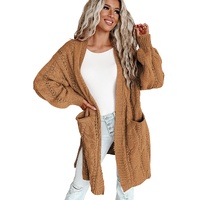 Azura Exchange Khaki Ribbed Trim Eyelet Cable Knit Cardigan - M thumbnail