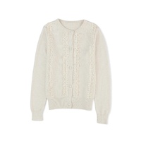Apricot Lace Trim Ribbed Round Neck Button Up Cardigan - L thumbnail