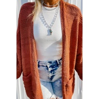 Tomato Red Open Front Textured Knit Cardigan with Pockets - L thumbnail