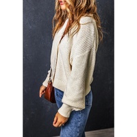 Beige Plain Knitted Buttoned V Neck Cardigan - L thumbnail