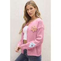 Pink Cute Knitted Floral Pattern Button Up Cardigan - L thumbnail