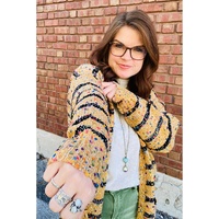 Beige Striped Pom Pom Knit Open Front Long Cardigan - L thumbnail