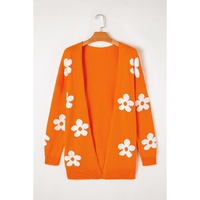 Orange Floral Print Knitted Open Front Loose Cardigan - S thumbnail