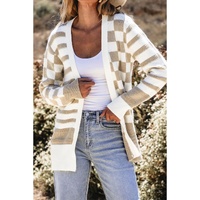 Smoke Gray Gingham Striped Knitted Open Front Cardigan - L thumbnail